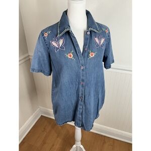 Lemon Grass Vintage Denim Blouse Butterly Floral Embroidery Women Size‎ S